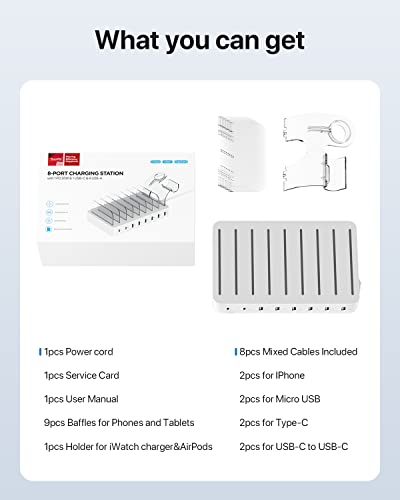 SooPii 8-Port USB-C Charging Station for Multiple Devices, with 1 PD 20W Port Supports Fast Charging, 8pcs Mixed Charging Cables and 1pcs Upgraded Holder for lWatch Charger & Air-Pods, White
