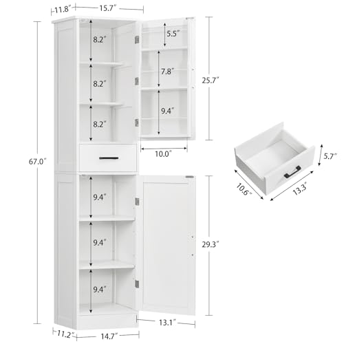 TEENFON 67" H Pantry Storage Cabinet, Bathroom Cabinet with 3 Door Shelves & 1 Drawer, Tall Kitchen Pantry Cabinet for Living Room, Bathroom, Kitchen, White