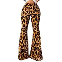 Smallwin Womens Club Leopard High Waist Print Bell Bottom Trousers Pants Yellow S