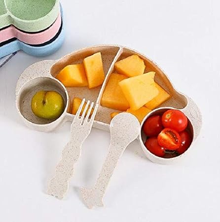 CONNECTWIDE Children Baby Plate Bamboo Tableware Set Cartoon Car Kids Baby Dishes for Feeding Baby Eat Food Sub-Grid Bowl Children Plate 1 Set (1* Bowl, 1* Spoon, 1* Fork). (Beige)