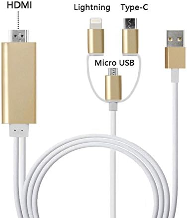 Lighting/ Type-C/ Micro USB to HDMI Cable, Mirroring Cellphone Screen to TV/Projector/Monitor Adapter Cable with 1080P Resolution for IOS and Android devices (Gold)