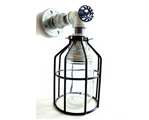 Industrial Wall Sconce Galvanized Pipe Lighting w/ Mason Jar for Kitchen, Bathroom or Outdoor Lighting Sconces Steampunk - Black Cage Modern Industrial Lighting Fixture, Farmhouse Light