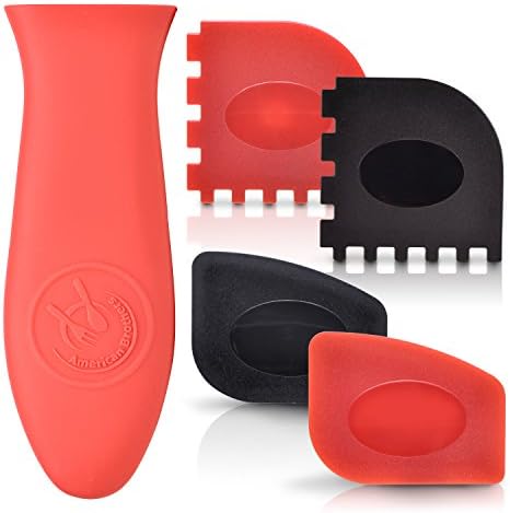 Durable Grill Pan Scraper Plastic Set Tool and Silicone Hot Handle Holder for Cast Iron Skillets, Frying Pans &amp; Griddles,5-Pack