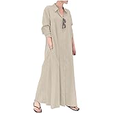 Ladyful Women's Button Down Cotton Linen Shirt Dress Long Sleeve Maxi Shirtdress Beach Summer Dress Pockets