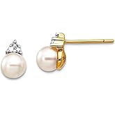14k Yellow Gold Polished Diamond and Freshwater Cultured Pearl Post Earrings 8mm long Stud Earring for Women