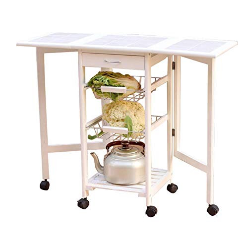 Per Kitchen Table Portable Folding Kitchen Rolling Tile Top Drop Leaf Storage Trolley Cart White