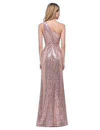 Honey Qiao Vestidos de dama de honor con un hombro con lentejuelas largas y plisadas con cinturón para fiestas de graduación