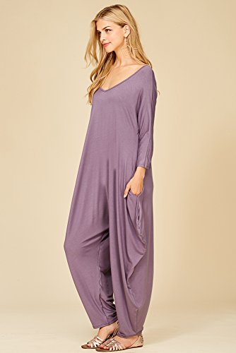 Annabelle Women's Long Sleeve Comfy Harem Jumpsuit Romper with Pockets Purplish XXX-Large J8002X