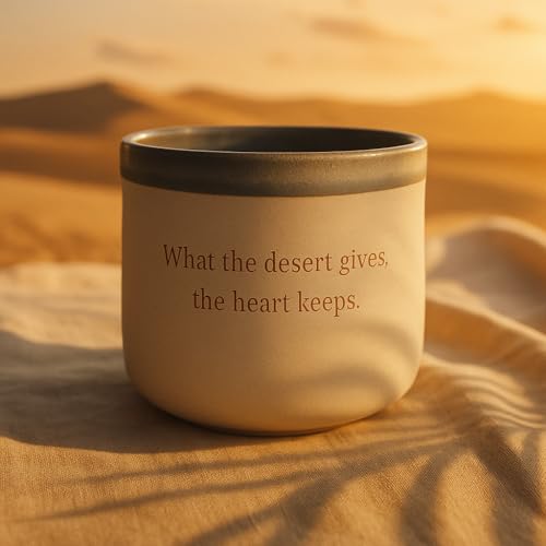 Handcrafted Ceramic Cup with Camel & Palm Tree | “What the Desert Gives” Gold Quote | Gift-Ready UAE Souvenir | Minimalist Mug by Saharé | Rustic Beige, Premium Finish