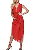 Bluetime Women Summer V Neck Tie Waist Sleeveless Slit Chiffon Long Shirt Dress