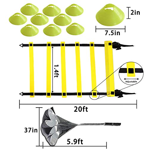 EAZY2HD Speed Agility Training Set- Agility Ladder,12 Cones, 4 Adjustable Hurdles,Parachute|Exercise Workout Equipment Boost Fitness & Increase Quick Footwork|for Soccer,Football,Track Field Train