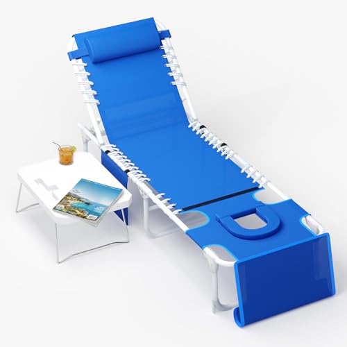 GarveeLife Tanning Chair with Face Hole, 3-in-1 Outside Beach Lounge Chair Outdoor with Folding Table, 5 Reclining Positions and Removable Pillow for Beach Pool Lawn Yard Patio, Max 330lbs (Blue)