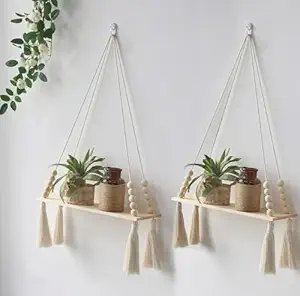 GUL DECOR Cotton Macrame Wall Hanging Shelf for Home Decor Set of 2-Pieces|51|Woven Art for Home Decoration,Apartment, Dorm, Bed/Living Room, Nursery, Party Decoration 14X5X22 in, 2-Pcs, White