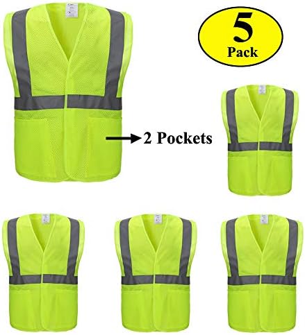 Construction Vest with 2 Pockets,5 Pack,Reflective Safety Vest with Sliver Stripe,Made from Breathable Neon Mesh Fabric,High Visibility Safety Vest with ANSI Class 2 by CIMC (Large)
