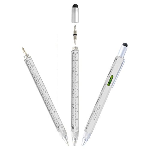 Screwdriver Pen Pocket Multi-Tool 6 in 1 - Multi-Functional & Sturdy Aluminum DIY Tool, with Screwdriver, Stylus, Bubble Level, Ruler & Phillips Flathead Bit, Unique Gift Idea (Silver)