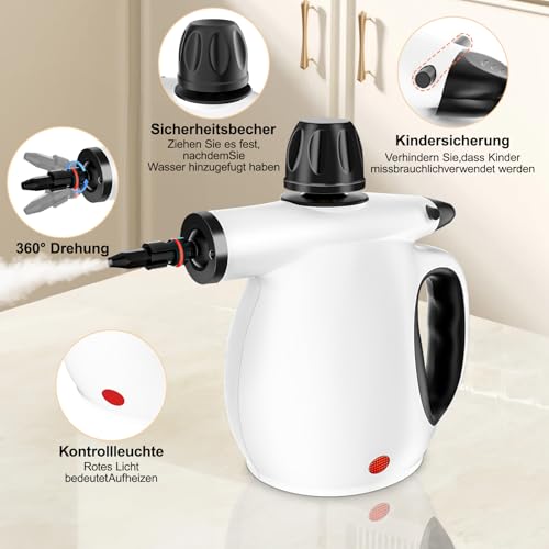 Limpiador a Vapor de Mano, Limpiador Vapor Portátil Multiusos con 12 Accesorios, Steam Cleaner de Alta Temperatura para Cocina, Baño, Sofa, Alfombras, Ventana, Suelos e Interior de Coche (Blanco)