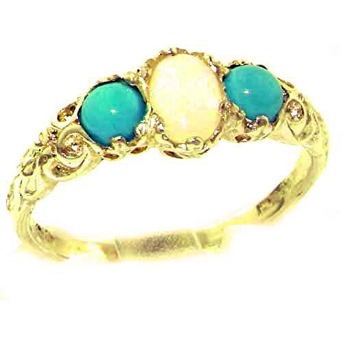 LetsBuyGold 10k Yellow Gold Real Genuine Opal & Turquoise Womens Trilogy Engagement Ring - Size 6