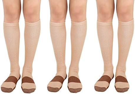 3 Pair Beige/Gold Sm/Med - TASOM Compression Copper Socks Over the Calf Below Knee Anti Fatigue Antimicrobial Sock For Men's Woman's Foot Feet Ankle Heel Pain Ache Swelling Relief Support Stockings