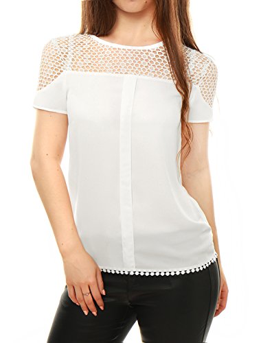 Allegra K Women Round Neck Panel Short Sleeve Casual Shirts Top White M