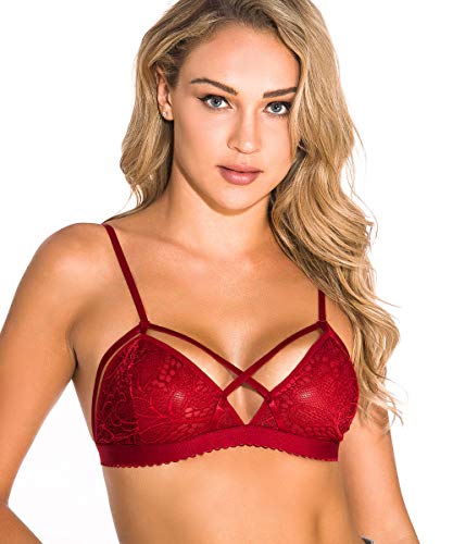 Buitifo Women Lace Bra Sexy Bralette Strappy Soft Bustier Lingerie (L, Red 2)