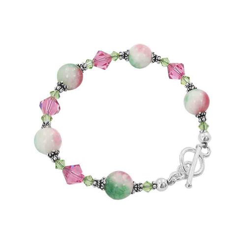 Gem Avenue Sterling Silver Pink and Green Soapstone and Crystal 7.5 inch Handmade Bracelet Made with Swarovski Elements
