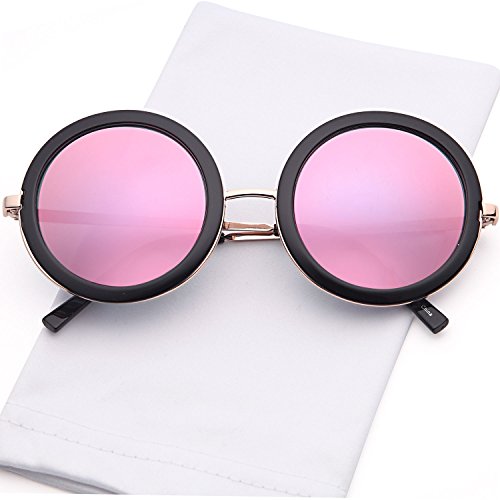 SUNLOUNGER Womens UV400 Vintage Retro Sunglasses - Mirror Pink Lens on Gold & Black Frame