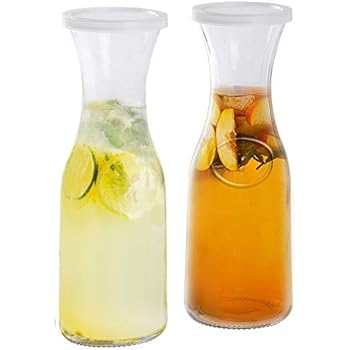 Estilo EST2095 Glass Beverage Pitcher Carafe With Plastic Lids, Narrow Neck Design, 1 liter (33oz) Set of 2, Clear