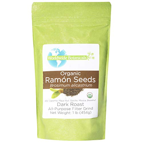 Worldwide Botanicals Organic Ramón Seeds, AKA Capomo, Maya Nut, Ojoche, Masica. Dark Roast, All-Purpose Filter Grind, Caffeine Free, Acid Free, 1 lb. (454g)