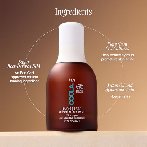 COOLA ORGANIC SUNLESS SELF TANNER FACE SERUM, DERMATOLOGIST TESTED ANTI-AGING SKIN CARE INFUSED WITH HYALURONIC ACID, VEGAN AND NON-GMO, PIÑA COLADA, 1.7 FL OZ