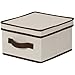 Household Essentials 511 Storage Box with Lid and Handle - Natural Beige Canvas with Brown Trim- Medium