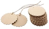MERSUII 50 Pack Brown Scalloped Card Paper Tag Kraft Paper Tag Lolly Bag Bonbonniere Favor Gift Tags Twines Product Price Label With Jute/Strings