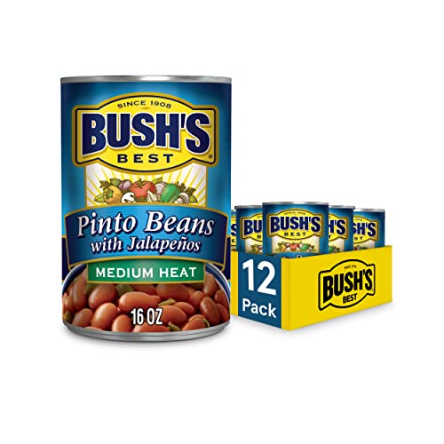 BUSH'S BEST Canned Pinto Beans with Jalapenos (Pack of 12), Source of Plant Based Protein and Fiber, Low Fat, Gluten Free, 16 oz