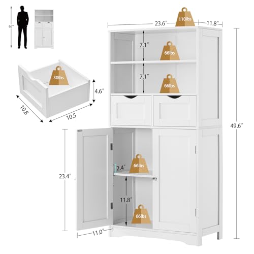 Bathroom Cabinet with 2 Drawers & 3 Adjustable Shelves, Bathroom Storage Cabinet, Cupboard for Living Room, Dining Room, Entryway, White