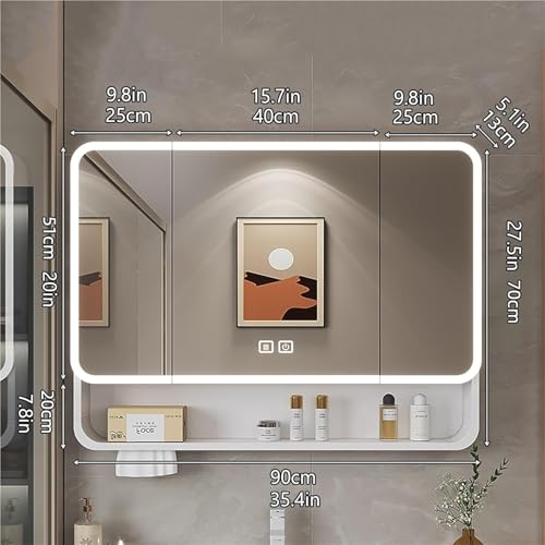Botiquín con espejo para baño, Espejo de baño con almacenamiento, botiquín LED montado en la pared de aluminio, antivaho, atenuación continua, gabinete con espejo de tocador for baño(White,90x13x51cm)