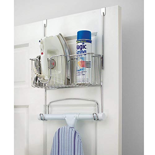 mDesign Metal Over The Door Ironing Board Holder with Large Storage Basket - Holds Iron, Board, Spray Bottles, Starch, Fabric Refresher Iron for Laundry Rooms - Chrome