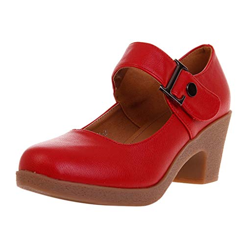 Womens Buckle Strap Dance Leather Shoes - Rumba Waltz Prom Latin Tango Ballroom Party Block Heel PU Dance-Shoes (Red, US:7) - Thumbnail 6