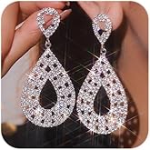 Octwine Boho Women Silver Rhinestone Long Dangle Earrings Sparkly Rhinestone Chandelier Dangle Drop Earrings Bridal Wedding Party Prom Silver Statement Earrings Teardrop Dangle Earrings