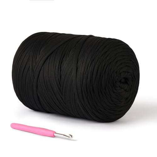 (800g/228yds) T Shirt Yarn, Soft Tshirt Crochet Yarn for Crafts and DIY Knitting Crocheting Cloth/Bag/Basket/Coaster, 100% Polyeste Elastic Fabric Chunky Thick Yarns for Crocheting（Black）