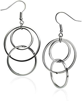 Stainless Steel Earring, Silver Tone 3 Circle Interlock Dangle Hook Earring for Women Girls
