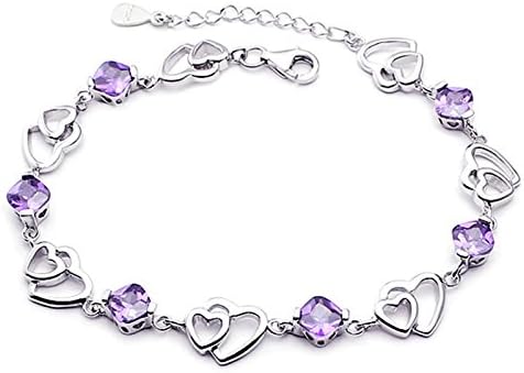 Fashion Jewelry Women's 925 Silver Exquisite Double Heart Amethyst Bracelet