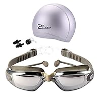 CapsA Swim Goggles Swimming Goggles Anti-Fog UV Protection Coated Lens No Leaking with Swim Cap Nose Clip Earplugs Case for Men Women Adult Youth Kids (Gray)