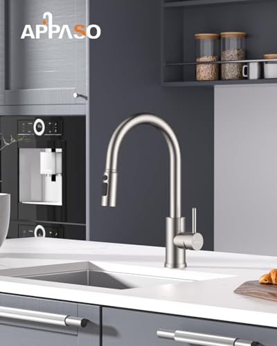 APPASO Grifo de cocina, SUS304 grifo de acero inoxidable con pull down pulverizador de 3 modos, grifo monomando de fregadero níquel cepillado (Sin dispensador de jabón)