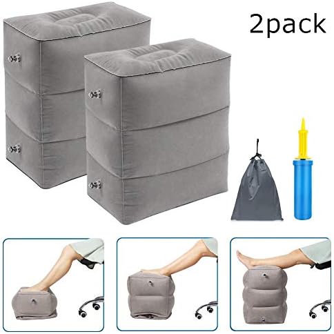 MEILE Travel Foot Rest Pillow, Portable Inflatable with Double Hand Pump Adjustable Three Layers Height Pillow for Foot Rest on Airplanes,Cars,Buses,Trains,Office Kids to Sleep (Gray,2 Pack)