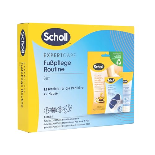 Scholl Beauty Routine Set – Manuka Honig Fußmasken-Socken, ExpertCare Fußfeile bei harter Haut & ExpertCare Hydration Boost Fußcreme 75ml – Fuß Pediküre Set, Geschenk für Frauen