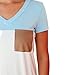 Summer V Neck T Shirt for Women Color Block Tee Top with Pocket Light Blue S