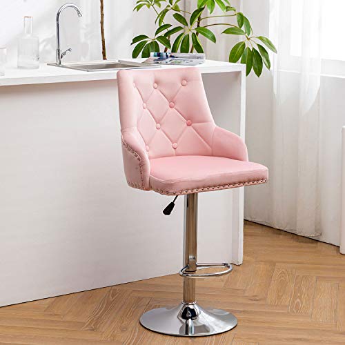 LEPAK Barhocker, rosa Samt-Barstühle mit Knopfgetuftung, gepolsterter Thekenhocker mit verstellbarem 360°-Drehgelenk und… – Bild 3