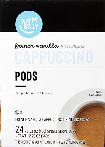 AMAZON BRAND – HAPPY BELLY CAPPUCCINO COFFEE PODS LIGHT ROAST COMPATIBLE WITH 2.0 K-CUP BREWERS, FRENCH VANILLA FLAVORED, 24 COUNT, 1.5 POUND (PACK OF 1)