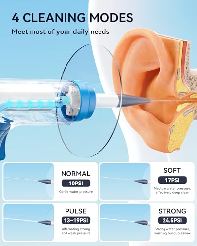 KAUGIC Electric Ear Wax Removal, Water Powered Cleaner, Cleaning Kit, Safe & Effective Earwax Removal Kit with 4 Mode Settings, 10 Tips Catch Basin, White