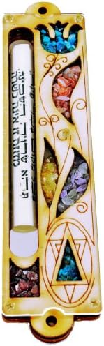 Mezuzah with Flower and Star of David Design - Handmade in Israel - Carved Wood with Colorful Gem Stones
