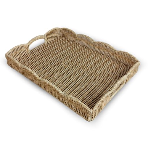 Serving Tray with Scalloped Edge, Rectangular Wicker Tray with Handles, Ideal for Breakfast or Meals in Bed and on Sofa, Decorative Coffee Table Tray to Enhance Dining